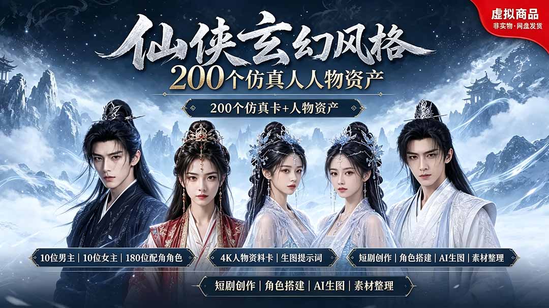 (19301期)200个仙侠玄幻仿真人素材◆10男主×10女主×180配角,4K资料卡+AI生图提示词,漫剧必备-网赚副业网