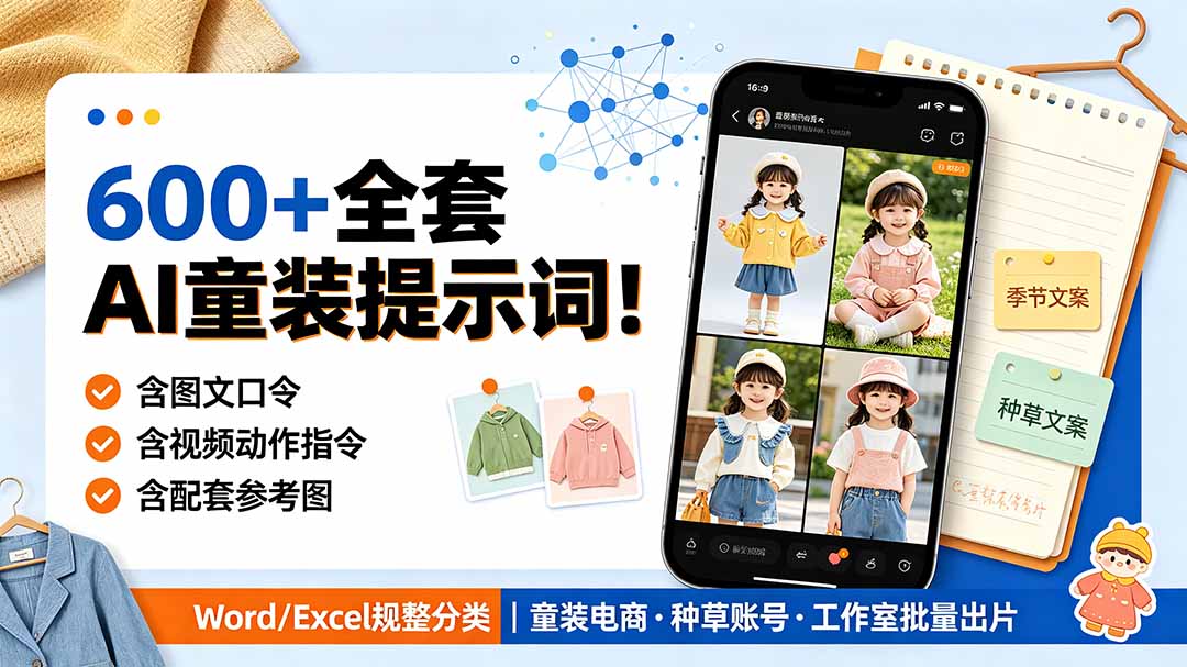 (19302期)600+全套AI童装提示词!含图文口令+视频动作指令+配套参考图,Word/Excel规整分类,童装电商、种草无脑量产内容-网赚副业网
