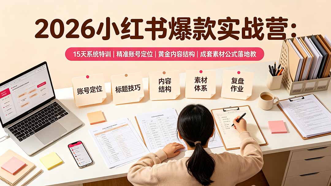 (19332期)2026小红书爆款实战营:15天系统特训|精准账号定位|黄金内容结构|成套素材公式落地教程-网赚副业网