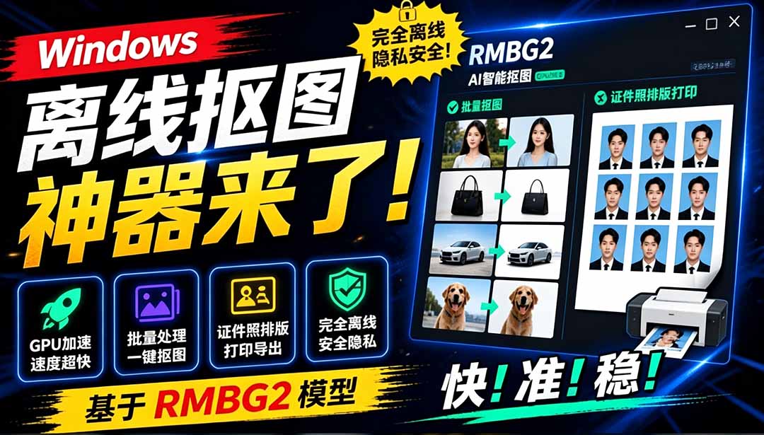 (19357期)Windows离线抠图神器来了!支持批量抠图 + 证件照排版打印,基于RMBG2模型,GPU加速 方块AI抠图-网赚副业网