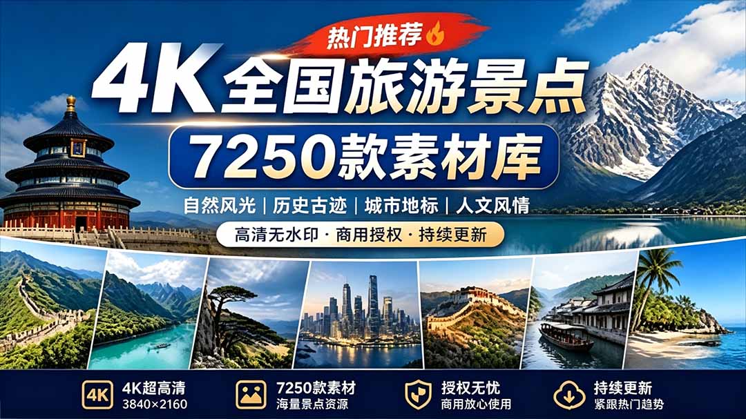 (19309期)热门全国旅游风景素材!4K全国旅游景点素材库,7250款素材,旅行达人城市航拍风景风光高清短视频-网赚副业网