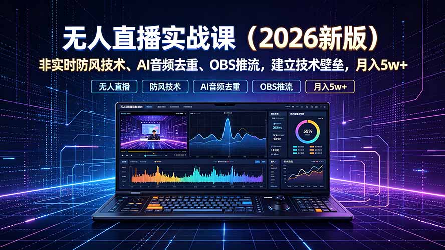 （19292期）无人直播实战课（更新7月），非实时防风技术、AI音频去重、OBS推流，建立技术壁垒，月入5w+-网赚副业网
