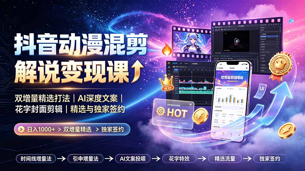 (19311期)抖音动漫混剪解说变现课:双增量精选打法|AI深度文案|花字封面剪辑| 精选与独家签约日入1000+-网赚副业网
