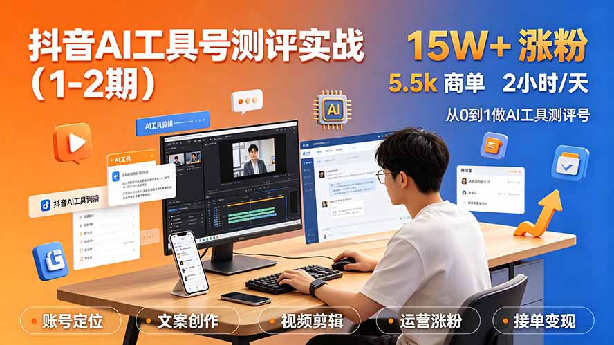 （19380期）抖音AI工具号测评实战（1-2期）：单号涨粉15W+×商单5.5k×伙伴计划×普通人可复制，每天2小时长期可持续-网赚副业网