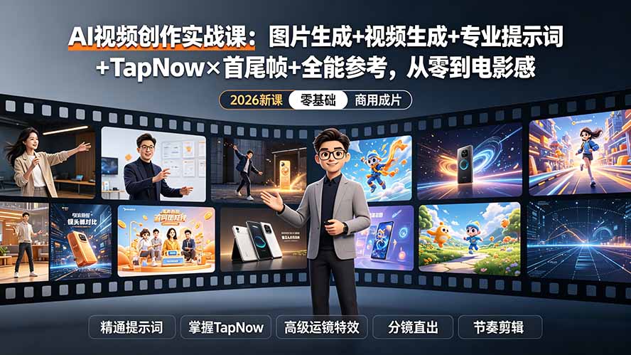 (19383期)AI视频创作实战课:图片生成+视频生成+专业提示词+TapNow×首尾帧+全能参考,从零到电影感成片-网赚副业网