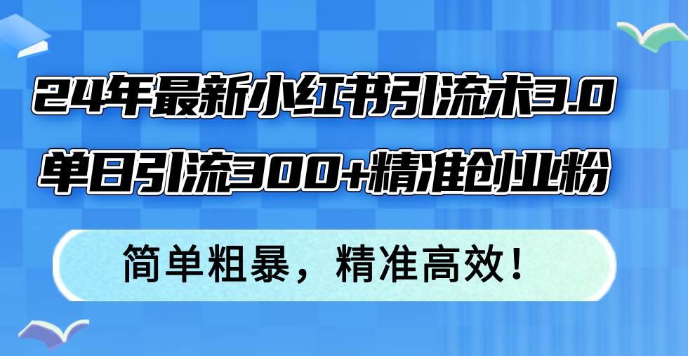 24年最新小红书引流术3.0,单日引流300+精准创业粉,简单粗暴,精准高效!-网赚副业网